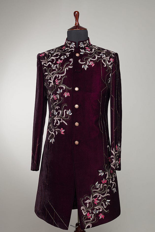 Dark Wine Red Zardosi Embroidered Suede Indowestern Sherwani-HM1257