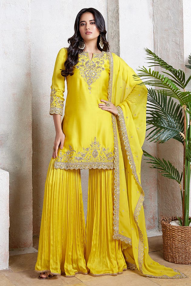 Yellow Palazzo Suit with Dori Embroidery and Round Neck-SL14044