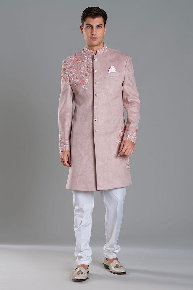 Nude Pink Resham Embroiderd Suede IndoWestern Sherwani-HJ2416
