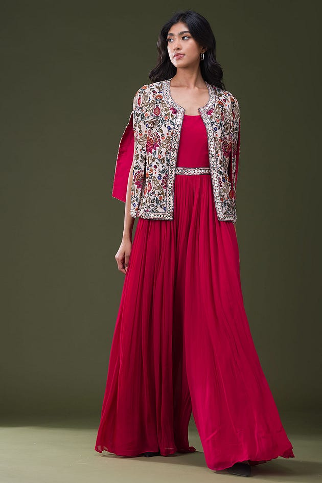 Dark Pink Mirror Embroidered Georgette Jumpsuit-HK3710