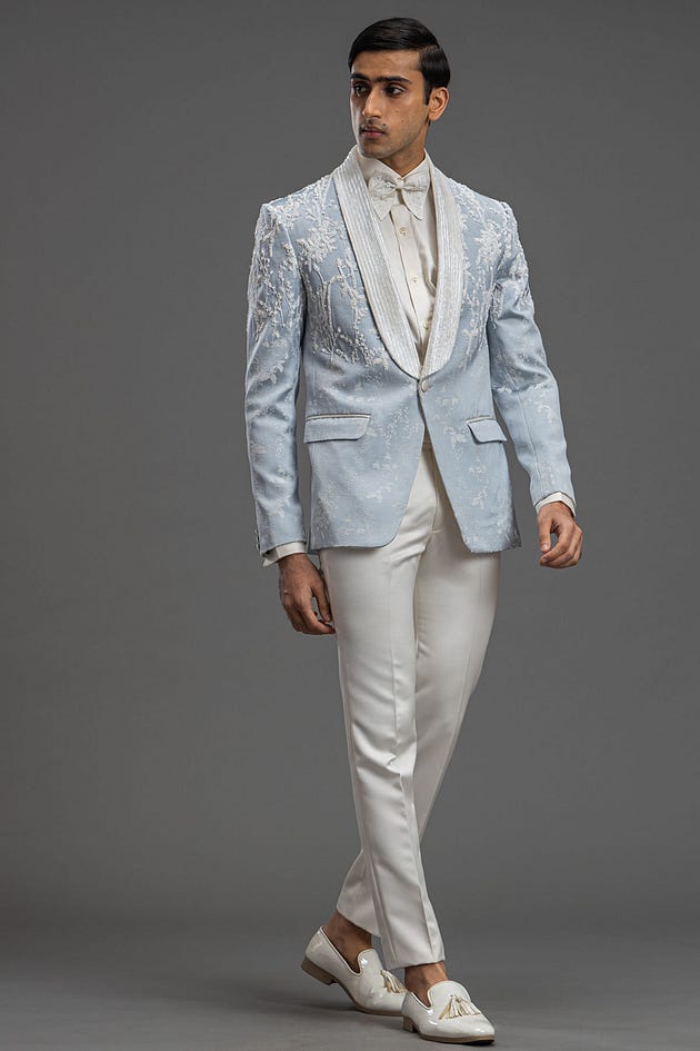 Light Pastel Blue Cutdana Embroidered Raw Silk Tuxedo Suit, tuxedo, tuxedo suit for men, tuxedo suit, buy tuxedo, buy tuxedo suit, buy tuxedo suit for men, buy black tuxedo, buy premium tuxedo suit, tuxedo suit for wedding, tuxedo for ring ceremony, tuxedo for reception, tuxedo for engagement, tuxedo for cocktail party, Slim Fit Tuxedo Suit, Tuxedo Suit in 38 Size — (40 to 60), Tuxedo Suit in 38 Size — (S, M, XL — 10XL), Plus Size Tuxedo Suit, Plus Size Suit, Suit For Men, Plus Size Suit For Men