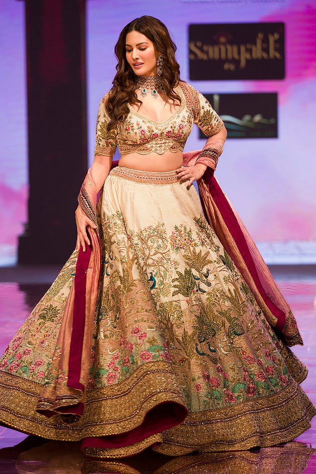 Indian Actress Amyra Dastur Stuns in Cannoli Cream Resham Embroidered Silk Exclusive Bridal Lehenga, Samyakk