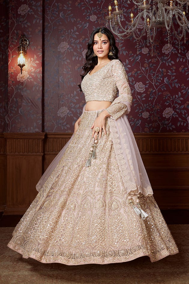Pink Reception Lehenga with Sequins Embroidery and V Neck Blouse from Samyakk