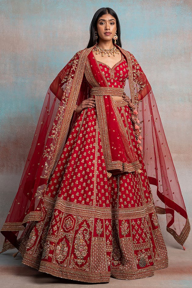 Deepika padukone lehenga from anant ambani wedding, Crimson Red Sequins Embroidered Silk Exclusive Bridal Lehenga With Double Dupatta-NI3850