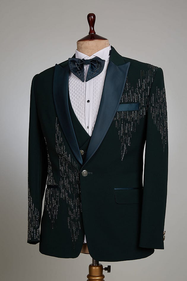 Dark Bottle Green Cutdana Embroidered Italian Tuxedo Suit | suit design men | men suits design | designer mens suits | mens suits design | suit for men design | designer suits for men | suits design for men | men designer suits | design suit for man | men’s designer suit | tuxedo suit | men suit for wedding | Blue Tuxedo suit | men wedding suit | wedding suits men | suits for men wedding | Italian Suits for wedding | Italian Suits