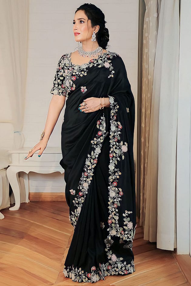 Black Thread Embroidered Tussar Silk Saree, tussar silk saree, tussar saree, designer saree