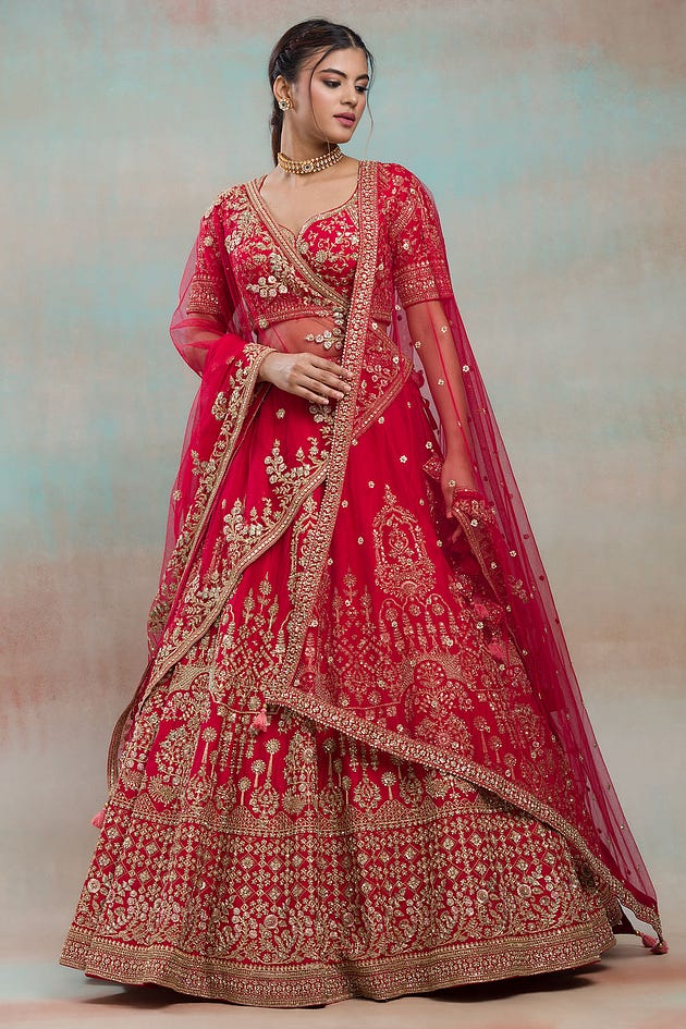 Crimson Pink Sequins Embroidered Raw Silk Exclusive Bridal Lehenga With Double Dupatta