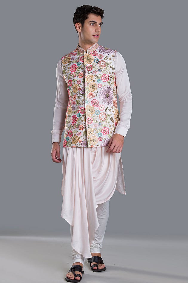 Cream Pink Resham Embroidered Silk Waistcoat Kurta