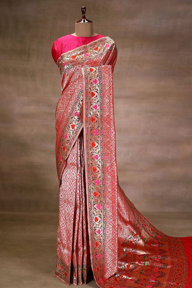 Pink and Red Dual Tone Banarasi Silk Saree with Unstitched Blouse-GH4714