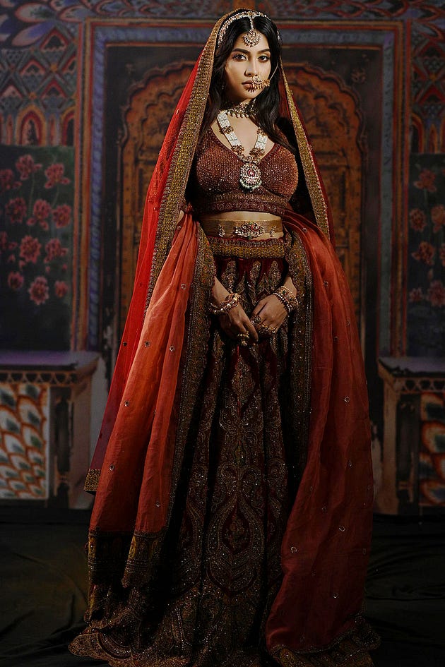 Red & Dark Ochre Zardosi Embroidered Velvet Bridal Lehenga With Broad Leaf Neck, Embroidered Lehenga, Bridal Lehenga, Wedding Lehenga, Reception Lehenga, Engagement Lehenga, Mehendi Lehenga, Banarasi Lehanga