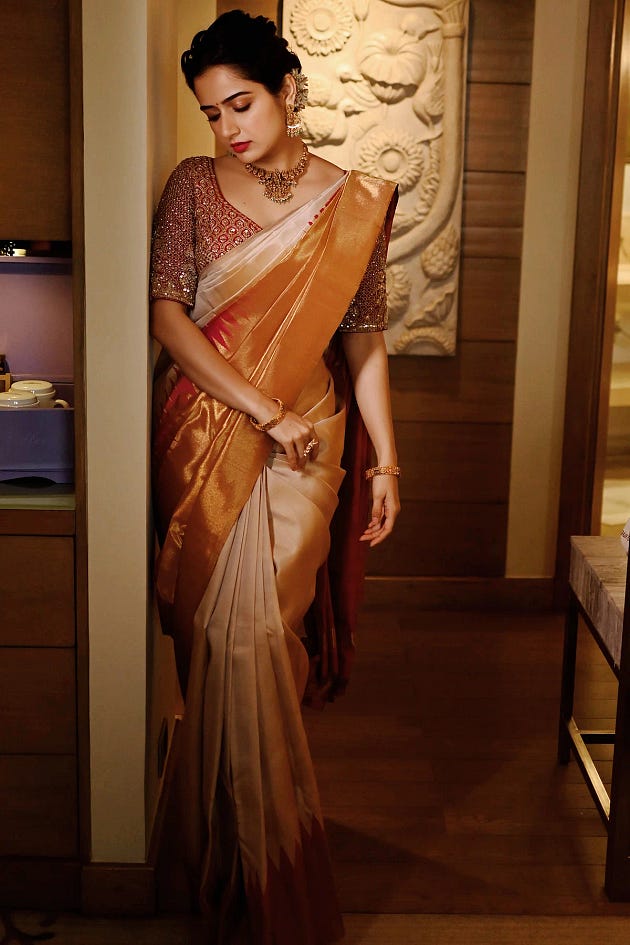 Breathtaking Ashika Ranganath in Samyakk’s Beige & Gold Zari Woven Kanchipuram Silk Saree, Kanjipuram silk sarees, silk sarees, kanjipuram sarees, kanjivaram sarees