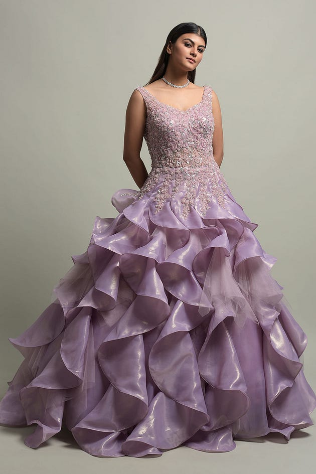 Pastel Purple Stone Embroidered Net Indowestern Gown from samyakk