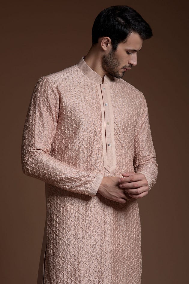Nude Pink Woven Silk Kurta, Silk Kurta