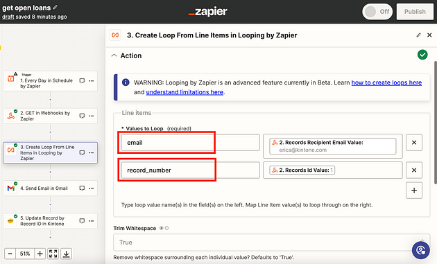 On the right, input the Records Recipient Email and the Records id Value. The left is where you put a variable name that can be used in the next steps.