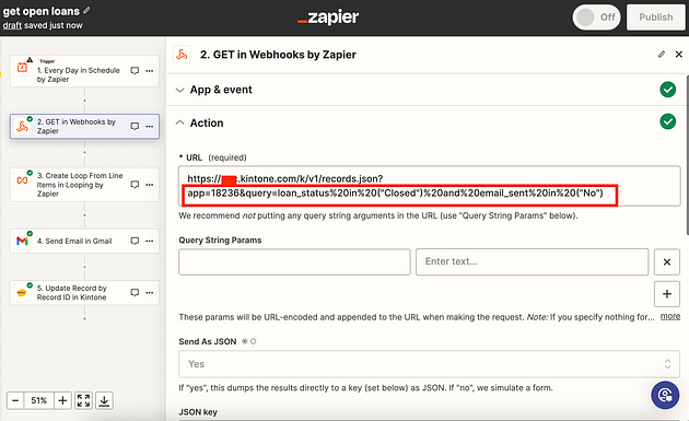 Replace the red square with your subdomain, replace the query with your app ID, field codes and conditions.