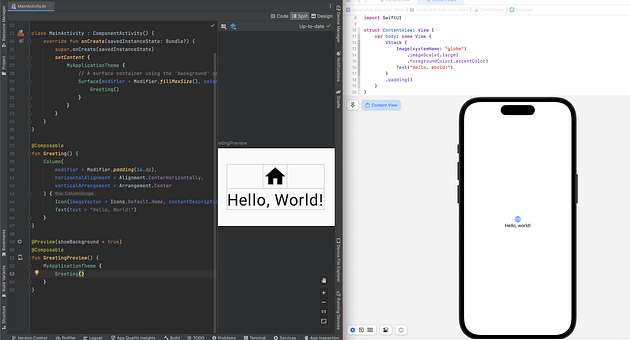 A screenshot of Xcode and Android Studio with both previewing a hello world app