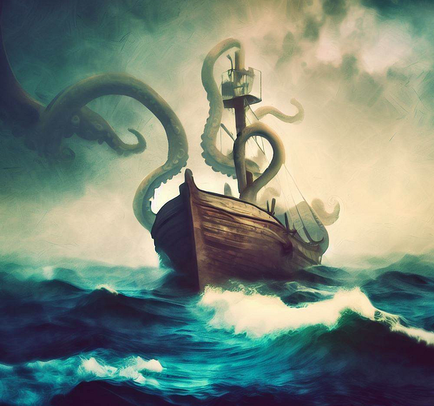 An image of a boat being attacked by a Kraken.