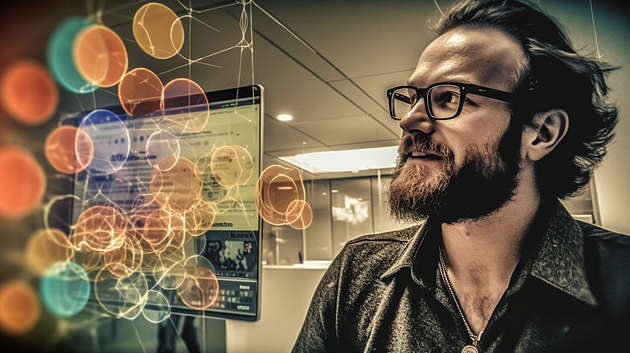 An ex-Google engineer deeply engrossed in developing a Django web app, with thought bubbles above their head containing symbols that represent insights and expert analysis.