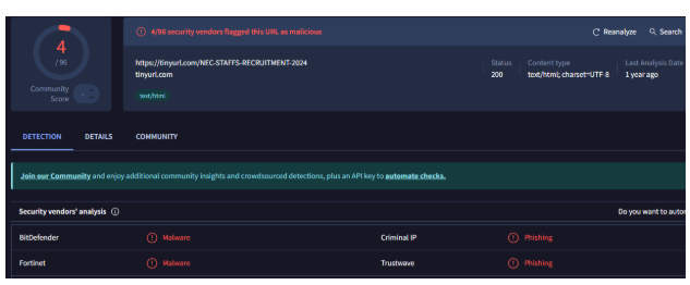 A screenshot of the results for the scanned link on Virustotal