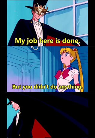 Three-panel meme from the anime Sailor Moon. Top panel: A masked man in a cape says, ‘My job here is done.’ Middle panel: Sailor Moon looks confused and replies, ‘But you didn’t do anything.’ Bottom panel: The man silently turns and walks away, letting his cape flow behind him.
