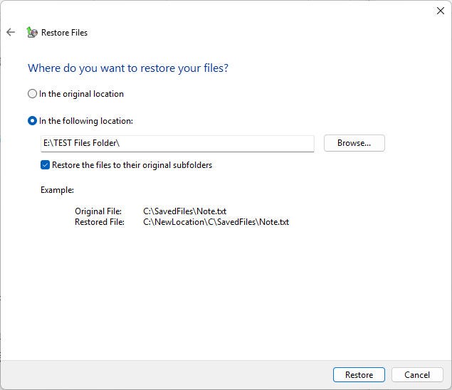 Restore your files to a different path