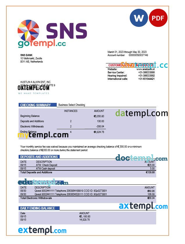 SNS Bank enterprise account statement Word and PDF template download template