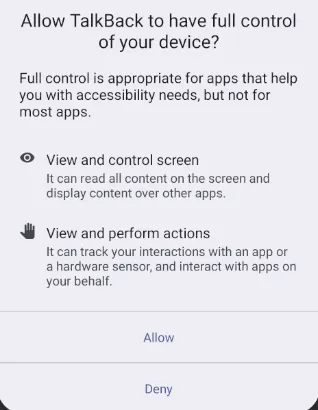 Dialog when enabling accessibility service for Google TalkBack