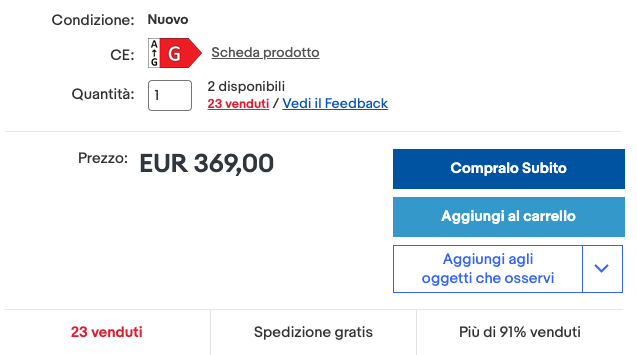 Scheda ebay: 23 TV vendute, più del 91%