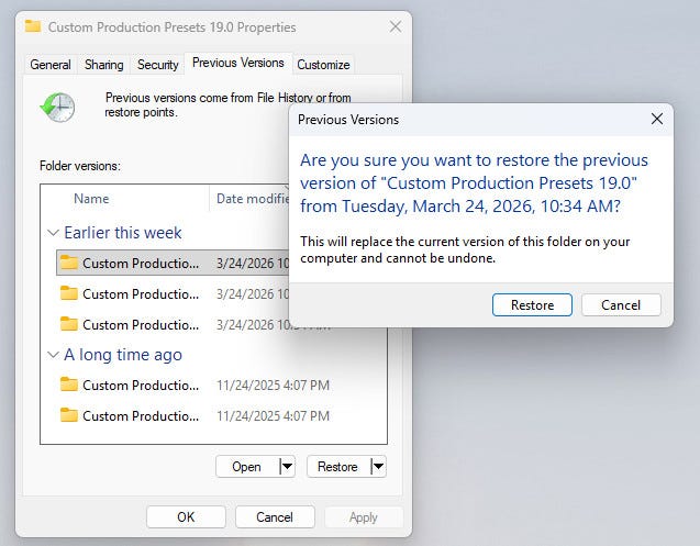 Choose the version you need to restore