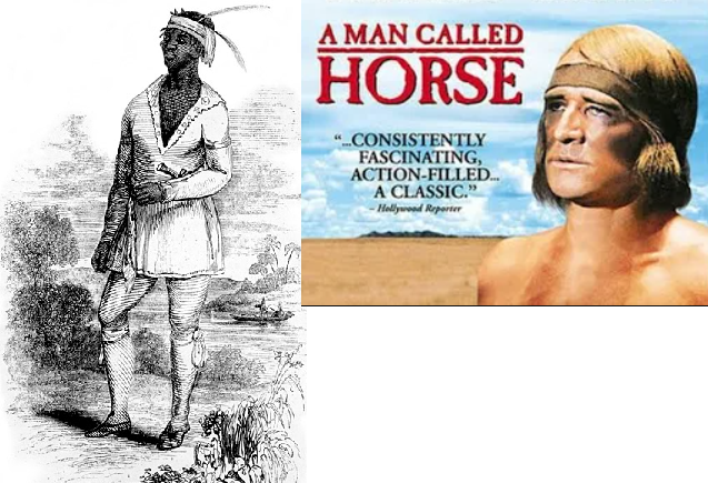 Art can be a tool of expression or a weapon of erasure depending upon who wields it. LEFT: “John Horse, a Black Seminole leader, from N. Orr’s engraving published in 1848 in The Origin, Progress, and Conclusion of the Florida War by John T. Sprague.” Wikimedia Commons. Public domain. RIGHT: “A Man Called Horse” poster of the 1970 film starring Richard Harris. Attribution unknown.