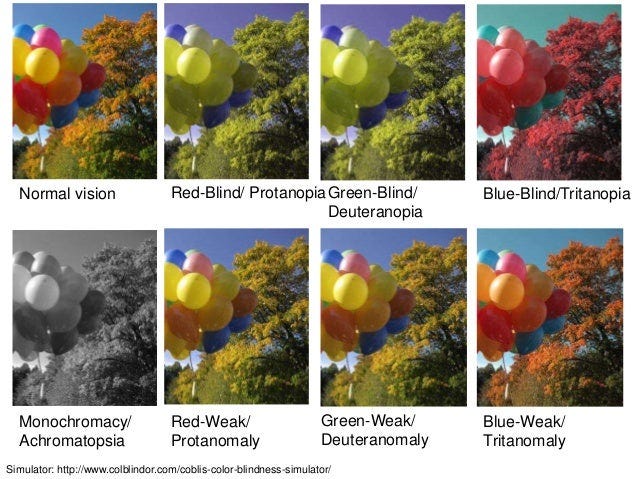 The photo of a landscape with a tree and a group of balloons is repeated 8 times, each time with a filter applied, simulating a type of color blindness.