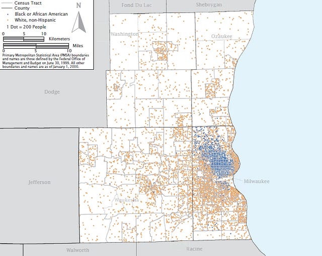 Distribuzione dei residenti per razza a Milwaukee (Fonte: US Census Bureau)