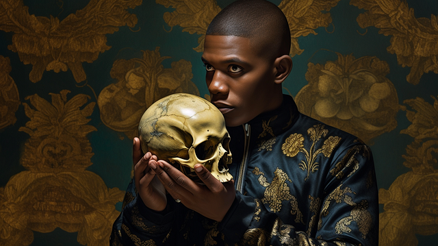 Amleto nello stile di Kehinde Wiley, generato dall'autore con Midjourney.