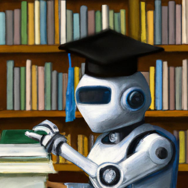 Dall-e: Un dipinto realistico di un robot con un cappello da laureato che studia in una biblioteca