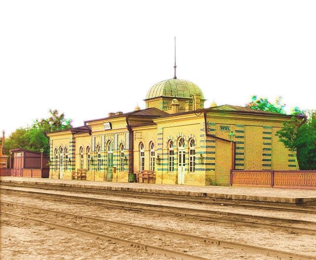 Village of Farab, Turkmenistan. Railroad station and tracks.