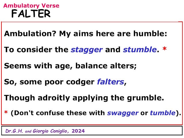 terse verse dealing with faltering gait and its synonyms