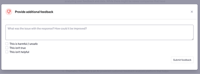 选择负面定量回应后提交定性反馈。截图取自OpenAI的ChatGPT。