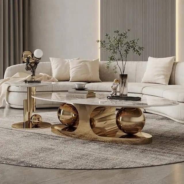 Tea Table Design for Luxury Look | Golden Coffee Table Oval Shape | Marble  Top Central Table for Living Room Decor with Side End Table | by Sajosamaan  | Medium