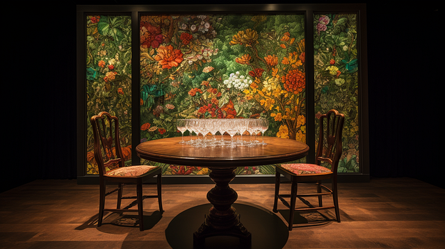 Theatre stage with wine glasses in the style of Kehinde Wiley, generated by the author with Midjourney.