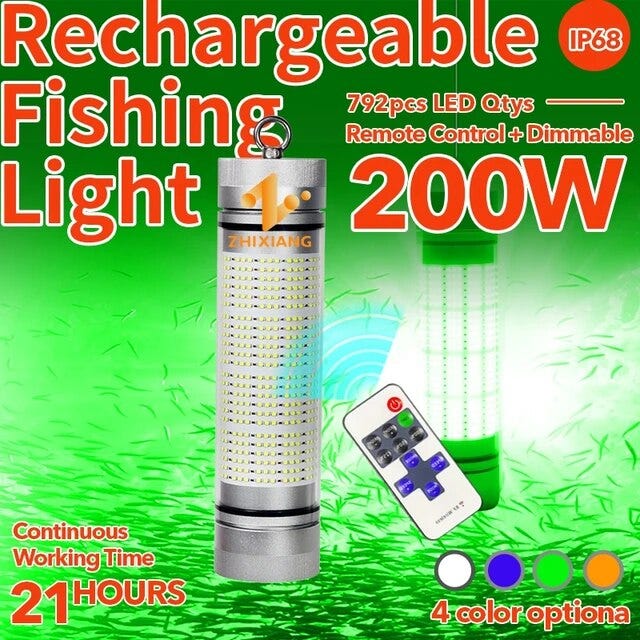 야외 충전식 물고기 유인 장치, 낚시 루어 LED 조명, 수중 낚시 조명, IP68, 100W, 200W