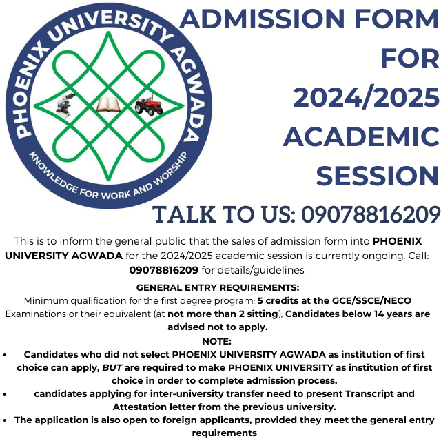 Phoenix University, Agwada, Nasarawa State 2023/2024 (Admission forms