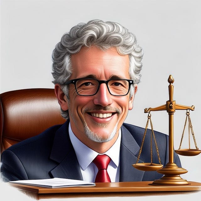 An AI rendering of what I would look like for the first minute of my first day as a DOJ lawyer before the stupidity sets in. I will keep the scales of justice on my desk in case Don Jr. or Erik visit and want to buy cocaine.