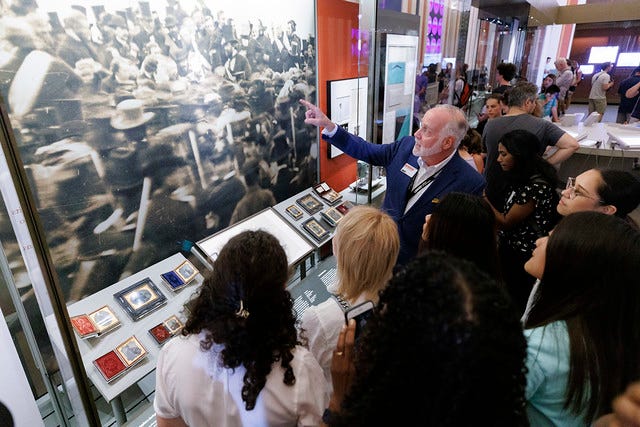 Middle and high school students tour the Library with docent Rod Woodford as part of a field trip sponsored by America 250, July 25, 2024, by Shawn Miller/Library of Congress on Flickr (CC0 1.0)
