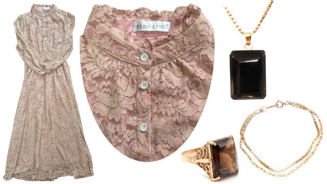 Outfit example: A long, lace dress in a muted pink shade. Well-tailored and fully lined.