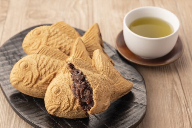 Japanese sweets called “Taiyaki,” fish-shaped cakes filled with sweet red bean paste