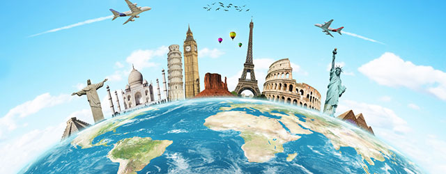 Airplanes over world tourist destinations