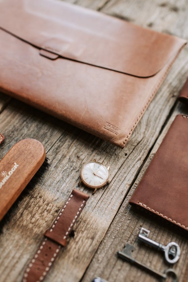 Watchbands, spectacle cases, clasp bags, and the like are often made with bottom-cut leather labeled “geniuine leather,” not because it’s “cheap” but because it’s the best choice — soft, pliable, easy to work, with a uniform look and texture and no “grain.” (Photo by Vlada Karpovich via Pexels)