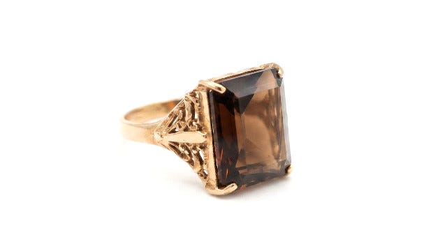 <Old 5②> Ring (unchanged from <Old 5–1>): K18 yellow gold openwork setting. Smoky quartz. Size 17.