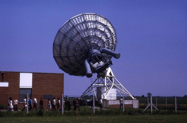 The world-leading telescopes at MRA close to Harlton, Cambridgeshire (https://commons.wikimedia.org/wiki/File:Radio_telescope_at_the_Mullard_Radio_Astronomy_Observatory_-_geograph.org.uk_-_2482664.jpg)