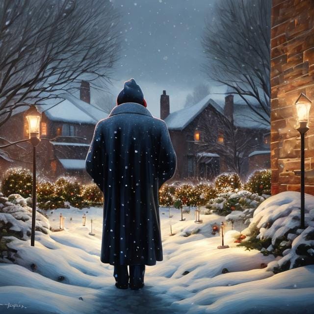 A lone figure dressed in a overcoat and wool cap walks down a snow-covered path on a snowy, winter’s eve. Lost in thought. Lost in grief.